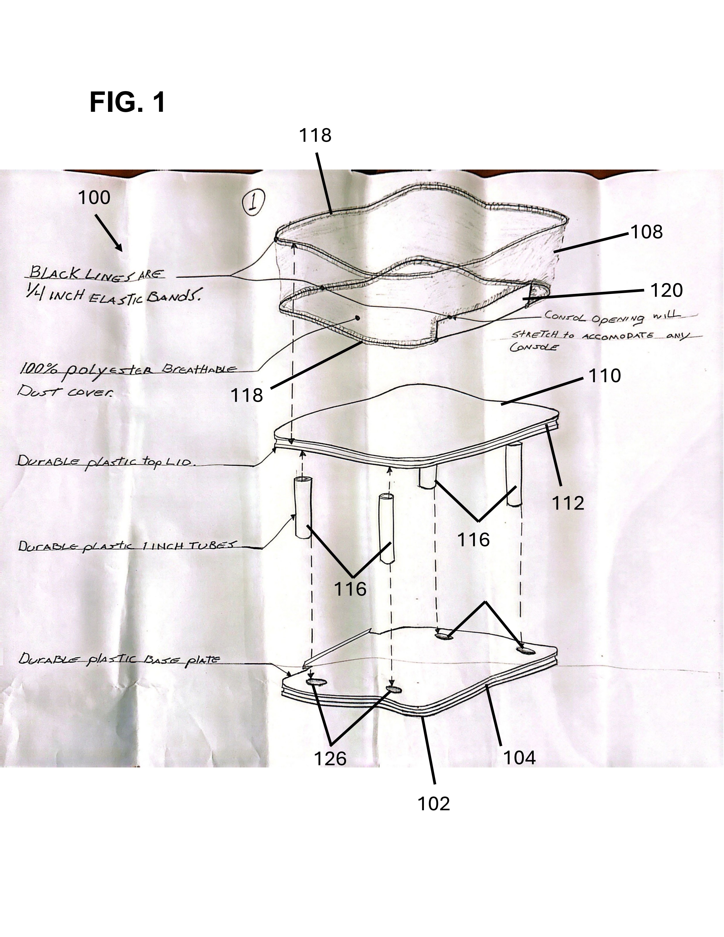Design drawing showing the base plate, standoff tubes, top plate and breathable shroud stacked as an assembly