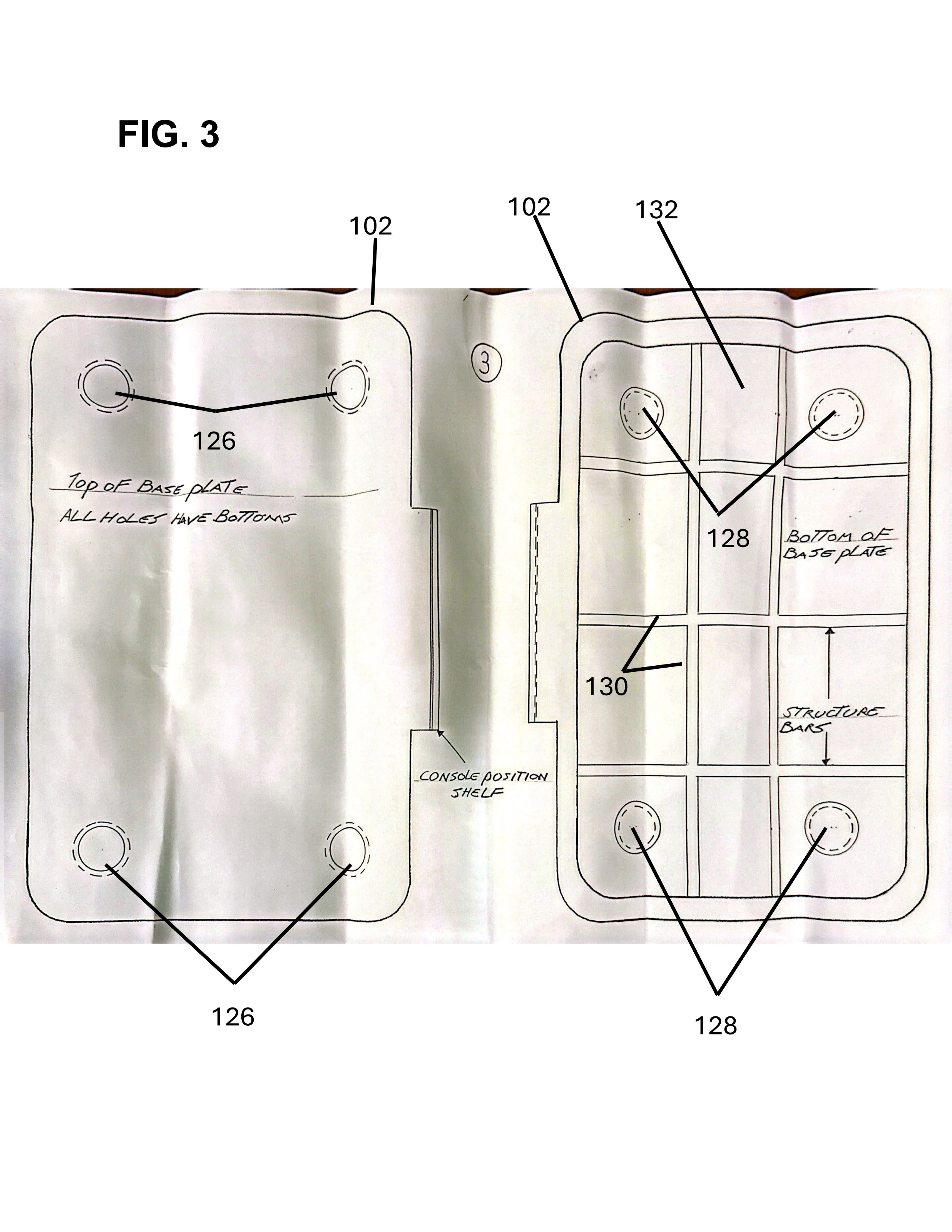 Design drawing of the base plate showing structure bars and the console position shelf
